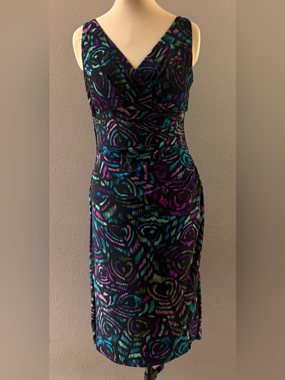 Lauren Ralph Lauren Sleeveless V-Neck Floral Sheath Dress Black Teal & Purple 10